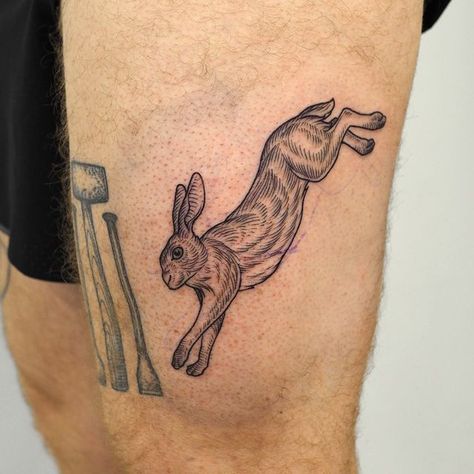 Fox Chasing Rabbit Tattoo, Traditional Hare Tattoo, Vintage Rabbit Tattoo, Irish Hare Tattoo, Leaping Rabbit Tattoo, Running Rabbit Tattoo, Hare Tattoo Design, Jumping Rabbit Tattoo, Lucky Rabbit Tattoo