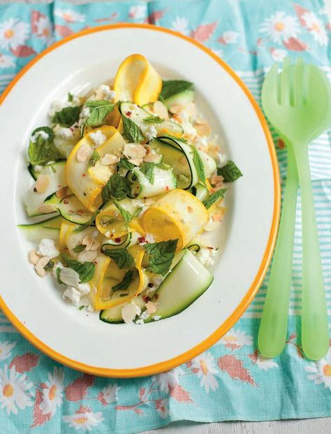 Yellow and Green Courgettes with Feta, Mint and Almonds - from A Salad for All Seasons by Harry Eastwood. Yellow Courgette Recipe, Courgette Recipe, Courgette Recipes, Chargrilled Chicken, Unique Side Dishes, Ottolenghi Recipes, Weekend Food, Recipe Salad, Mint Salad