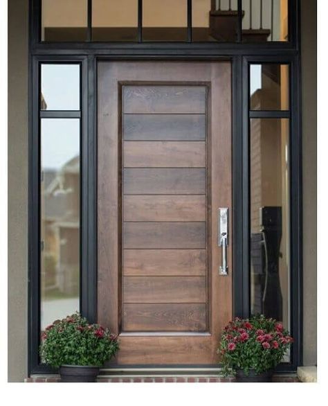 Wooden Glass Door, Door With Sidelights, Modern Doors, Beautiful Front Doors, Wooden Main Door, Wooden Main Door Design, Exterior Modern, Wood Front Doors, Farmhouse Remodel