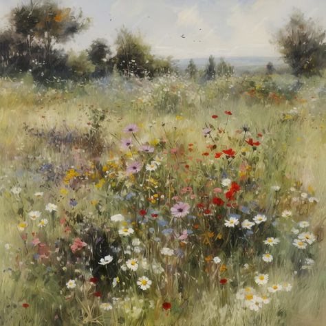 Meadow Oil Painting, Watercolor Meadow Flowers, Flower Field Oil Painting, Wild Flower Field Aesthetic, Flower Bush Painting, Flower Field Watercolor, Impressionistic Flowers, Meadow Background, Flower Field Painting