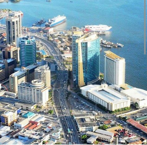 Aerial view of the water front Port-of-Spain Trinidad.  The Hyatt,  Twin Towers,  Water Taxi Port Of Spain Trinidad, Caribbean Vibes, Island Gyal, Water Taxi, Trinidad Tobago, Port Of Spain, Exotic Places, Sky View, Caribbean Travel