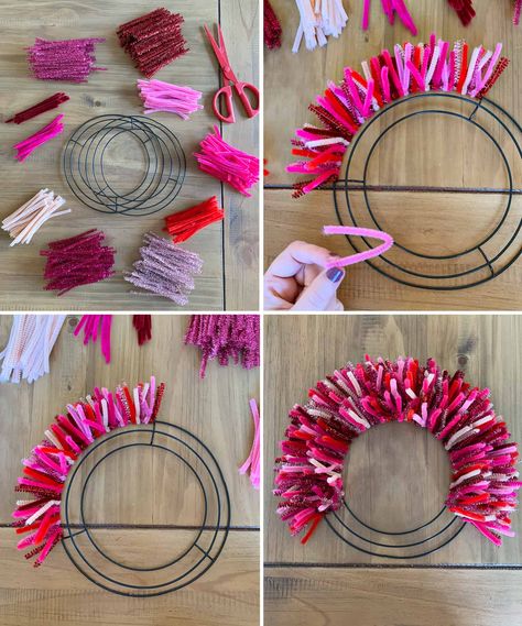 Christmas Flower Wreaths Diy, Valentines Pipe Cleaner Crafts, Christmas Pipe Cleaner Crafts For Kids, Pipe Cleaner Valentine Crafts, Pipe Cleaner Wreath Ornament, Christmas Pipe Cleaner Crafts, Wire Wreath Diy, Pipe Cleaner Christmas Crafts, Pipe Cleaner Wreath