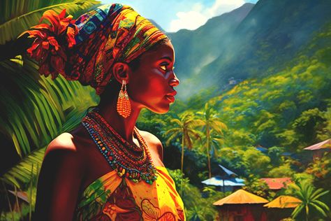 Caribbean Wall Art of Lady Wearing Headscarf in Dominica Black Woman Art Afro Caribbean Mountains Rasta Woman Art Grenada Art Jamaica Print by WestIndiesArtCo on Etsy Rasta Woman, West Indies Art, Jamaica Art, Rasta Art, Caribbean Fashion, Afro Caribbean, Black Woman Art, Caribbean Culture, Caribbean Art