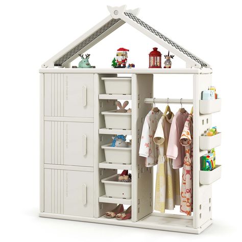 Costway Kids Costume Storage Closet Children Pretend Dresser with Storage Bins Shelves White - Walmart.com Kids Costume Storage, Closet With Storage, Costume Storage, Kids Organization Ideas, Storage Bin Shelves, Side Basket, Wardrobe Open, Armoire Closet, Dresser Wardrobe