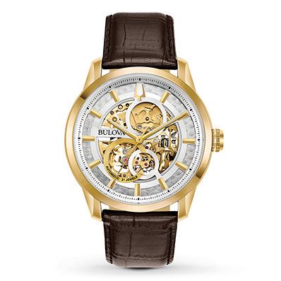 Bulova Sutton Automatic Men's Watch 97A138 Casio Edifice, Brown Leather Strap Watch, Bulova Watches, Brown Watches, Skeleton Watches, Automatic Watches For Men, Brown Leather Strap, Mens Gold, G Shock