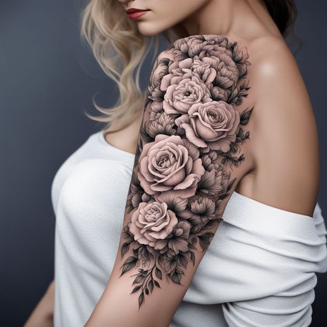 Vibrant Rose Cluster Arm Tattoo A vibrant cluster of roses adorns the arm, bringing a touch of nature's beauty to your skin. #TattooLovers #FloralDesign #tattooinspirationworld #tattooartist #tattoodesign #tattooart #tattooideas #ink #inktattoo #handmade #custom #artoftheday #artofthebody #creative #instaart #instagood #picoftheday #instadailypost #stunning #beautiful #femininetattoo #inspiration #inspirational #motivational #mindfulness #spiritualityandpositivity Soft Shading, Black Art Tattoo, Organic Patterns, Color Highlights, Tattoo Illustration, Organic Pattern, Half Sleeve Tattoo, Feminine Tattoos, Tattoo Pattern