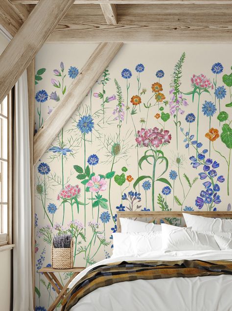 Cornflower Grande Wallpaper (8.7m) - Lucy Tiffney Bedroom With Wallpaper, Lucy Tiffney, Famous Wallpaper, Bedroom 2024, Cool Bedroom, Wallpaper 2024, Garden Mural, Quality Wallpaper, With Wallpaper