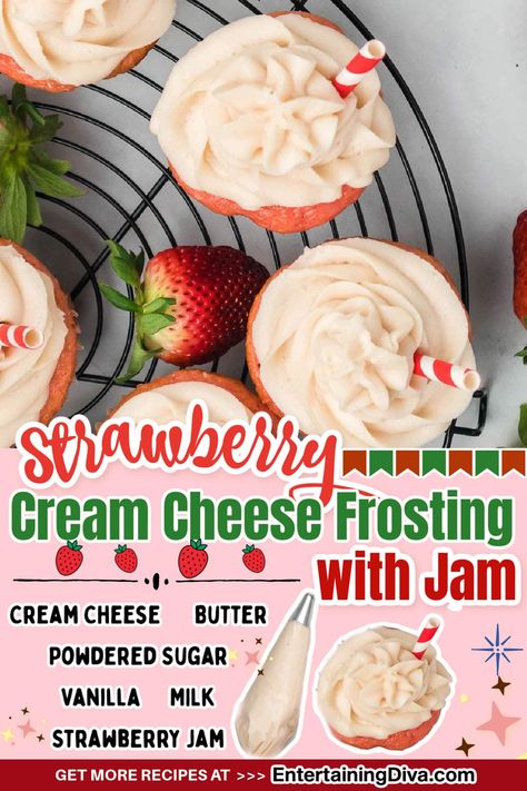 Strawberry Cream Cheese Frosting With Jam | Recipes Strawberry Jam Cream Cheese Frosting, Cream Cheese And Strawberries, Recipe For Cakes, Strawberry Cream Cheese Frosting, Cheese Frosting Recipe, Fruit Platter Designs, Cake Frosting Recipe, Strawberry Frosting, Cream Cheese Frosting Recipe