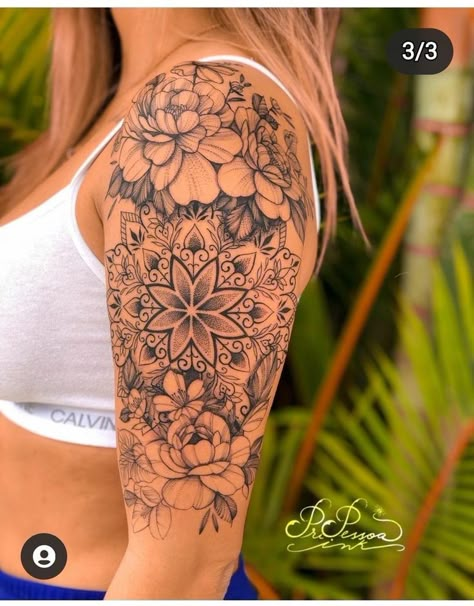 Womans Full Sleeve Tattoo Ideas, Tattoos To Connect Sleeve, Mandala Sleeve Tattoos For Women, Feminine Band Tattoo, Side Tattoo Cover Up Ideas, Mandala Half Sleeve Tattoo For Women, Shoulder Half Sleeve Tattoo For Women, Womens Tattoo Designs, Mandala And Flower Tattoo Sleeve