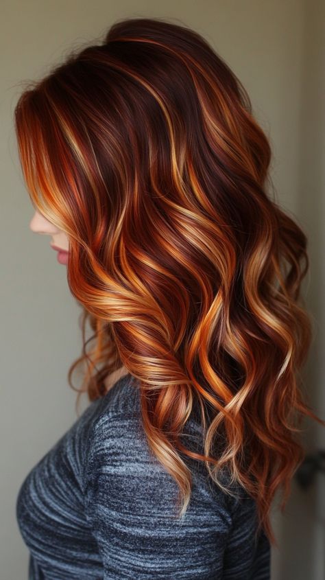 Fall Hair Colors Copper Highlights Wine Red Hair With Blonde Highlights, Fire Hair Color Short, Brown To Orange Ombre, Red Hair Highlights On Brown Hair, Red With Blonde Highlights, Fire Hair Color, Red Balayage Highlights, Copper Blonde Balayage, Fall Hair Colors Copper