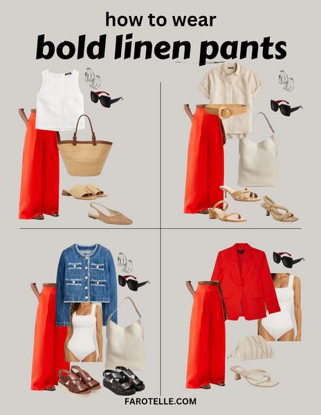 Summer outfit ideas with red wide-leg linen pants, how to style wide-leg linen pants, Summer elevated casual style, Summer style, classic style Red Wide Pants Outfit, Red Linen Pants Outfit, Wide Leg Linen Pants Outfit Summer, Wide Leg Linen Pants Outfit, Orange Linen Pants, Linen Pants Outfit Summer, Red Linen Pants, Wide Pants Outfit, Summer Linen Outfits