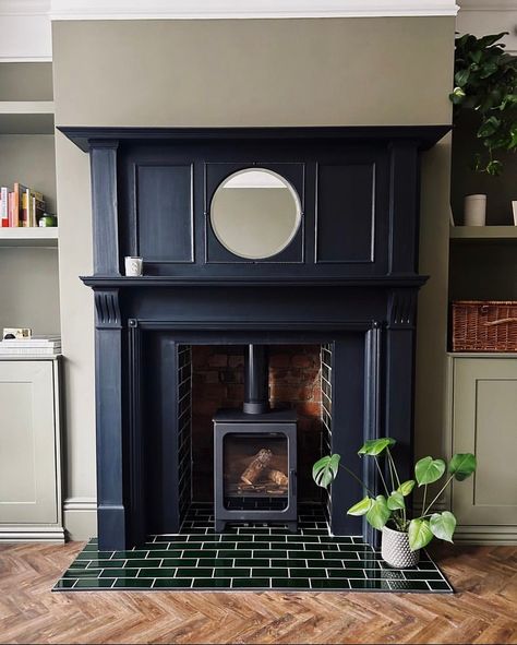 Want to turn your fireplace in a... - Porcelain Superstore Fireplace Green Wall, Green Wall Tile, Victorian Living Room Decor, Tile Hearth, Fireplace Hearth Tiles, Victorian Fireplace Tiles, Edwardian Fireplace, 1930s House Renovation, Porcelain Superstore