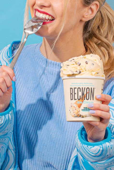 girl licking spoon and holding a pint of Sea Salt Chocolate Chip ice cream Dessert Photography Ideas, Lactose Free Dessert, Summer Ice Cream Photography, Dessert Ideas Chocolate, Lactose Free Desserts, Ice Cream Photography, Sea Salt Chocolate, Gelato Shop, Ice Cream Tubs