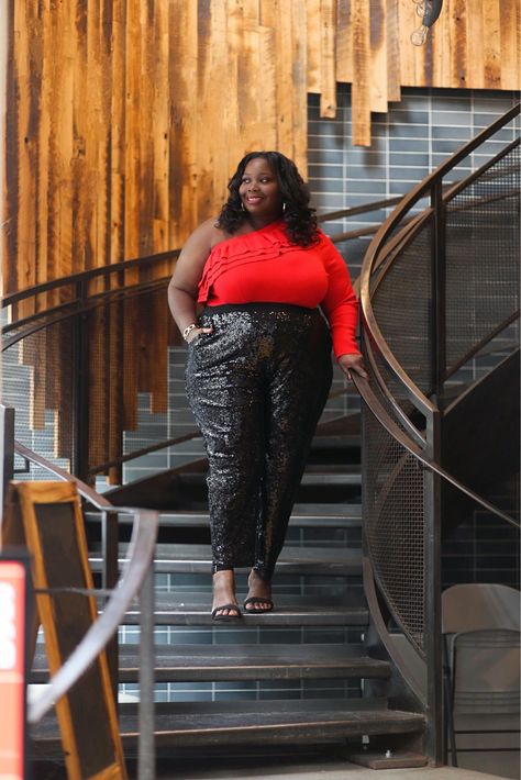 A dressy casual look featuring sequin pants and a one shoulder red ruffled top from Sofia Vergara at Walmart. So, if you're looking for ideas on how to style sequin pants, this is a chic way to do so for the fall, winter, and even spring season. Pairing sequin pants with a sweater is a perfect outfit combination. #sequinpants #plussizefashion #howtostylesequinpants Sequin Pants Outfit Plus Size, Sequin Joggers Outfit New Years, Black Sequin Joggers Outfit, How To Style Sequin Pants, Sequin Pants Outfit Night Out, Sequin Joggers Outfit, Gold Sequin Pants Outfit, 70s Attire, Black Sequin Pants Outfit