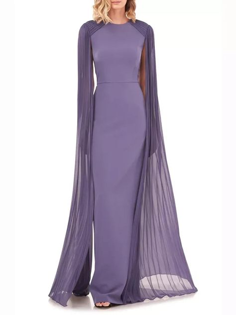 Kay Unger pleated cape sleeve column gown Chifon Dress, Lavender Gown, Dress With Cape, Purple Wedding Dress, Cape Gown, Long Sleeve Evening Gowns, Look Formal, Net Dress, Kay Unger