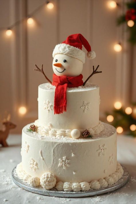 Christmas Cake 3 Tier, Snow Man Cake Idea, Blue Christmas Cake Ideas, Birthday Cake Winter Theme, Two Tier Christmas Cake, Cake Winter Birthday, Xmas Cake Decorating Ideas, Winter Cakes Birthday, Snowman Cake Ideas