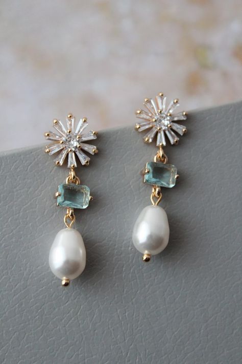 Gold Blue Bridal Earrings Wedding Earrings Pearl Drop - Etsy UK Crystal And Pearl Earrings, Something Blue Earrings, Vintage Blue Drop Earrings, Wedding Earrings Pearl, Blue Pearl Earrings, Blue Bridal Earrings, Pearl Wedding Jewelry, Earrings Pearl Drop, Wedding Dress Jewelry