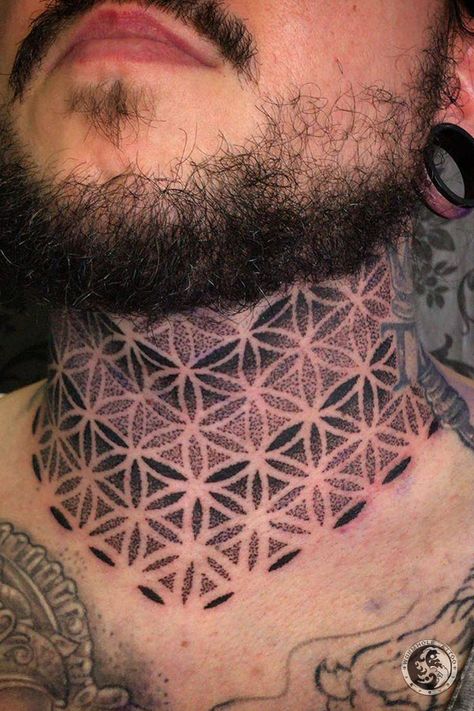 Neck Tattoos Women Dotwork, Dot Work Neck Tattoo Men, Flower Of Life Throat Tattoo, Neck Dotwork Tattoo, Geometric Throat Tattoo Men, Geometric Neck Tattoo For Women, Pattern Neck Tattoo, Mandala Throat Tattoo Men, Dot Work Neck Tattoo