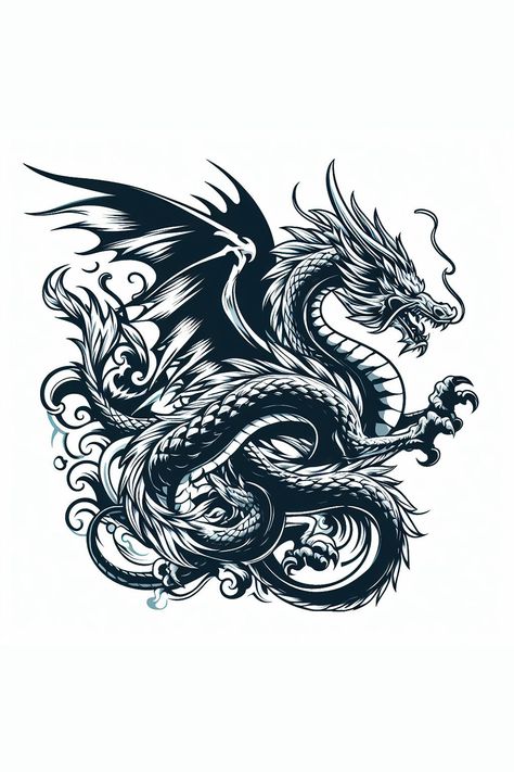 Monochrome dragon illustration - Detailed fantasy art featuring a mythical beast. Dragon Illustration Simple, Mythical Designs, Dragon Black And White, Dragon Tattoo Vector, Dragon Fantasy Art, Black And White Dragon, Dragon With Wings, Dragon Wolf, Black Canvas Art