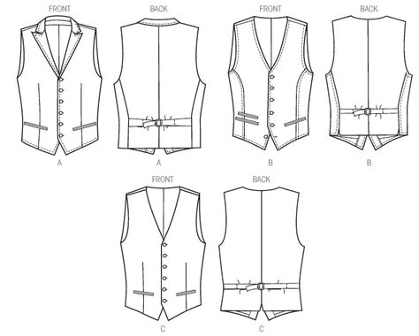 V8987 3/4 yd fabric, 1.5 yd 45" lining (also used for back of vest), 1 7/8 yd fus int, six 5/8" buttons, 1" vest buckle Vest Back View, Mens Vest Pattern, Men Vogue, Mens Sewing, Accessories Tips, Sewing Men, Mens Sewing Patterns, Vest Sewing Pattern, Men's Vests