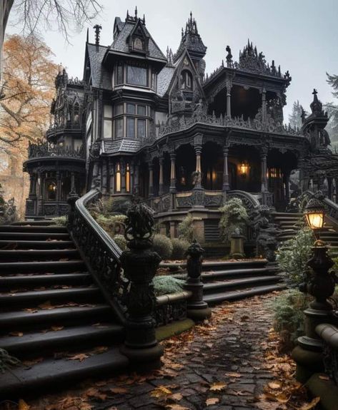 Victorian house Goth Victorian House Exterior, Goth Houses Exterior, Victorian Gothic House Exterior, Gothic House Exterior, Monster Academy, Victorian Gothic House, Gothic Victorian House, Vampire House, Gothic Homes