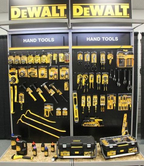 Diy Cordless Tool Storage, Cordless Tool Storage, Building Materials Architecture, Warehouse Showroom, Interior Design Presentation Boards, Retail Store Interior Design, Tool Storage Diy, Dewalt Tools, Tool Store