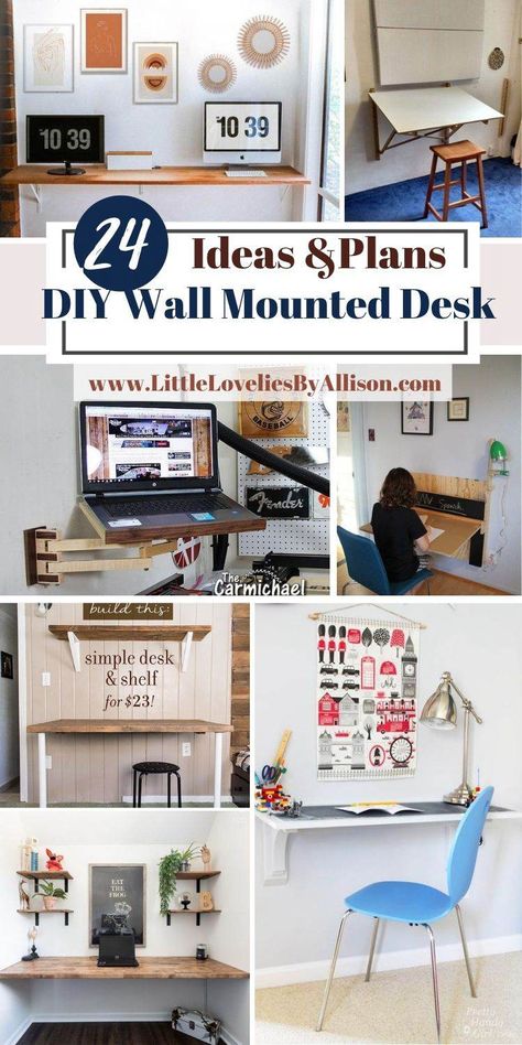 24 DIY Wall Mounted Desk Plans That You Would Love Wall Mounted Desk Floating, Diy Floating Desk With Storage, Diy Wall Desk Ideas, Diy Floating Desk Wall Mount, Wall Desk Ideas, Diy Small Desk, Stair Office, Floating Desk Diy, Small Wall Desk