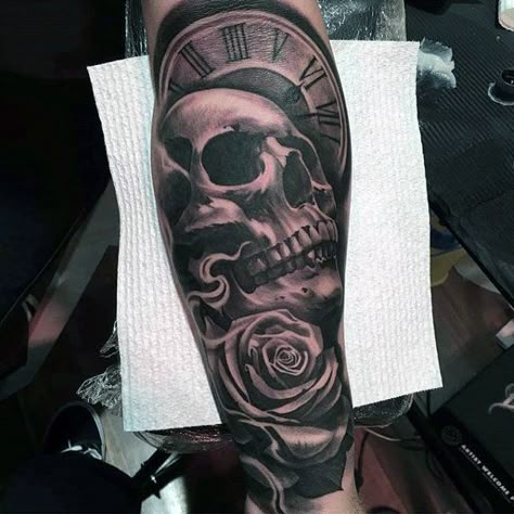 90 Black Ink Tattoo Designs For Men - Dark Ink Ideas Black Ink Tattoo, Skull Rose Tattoos, Chicano Tattoos Sleeve, Rose Tattoo Sleeve, Skull Sleeve Tattoos, Skull Sleeve, Clock Tattoo Design, Tattoo Designs For Men, Clock Tattoo