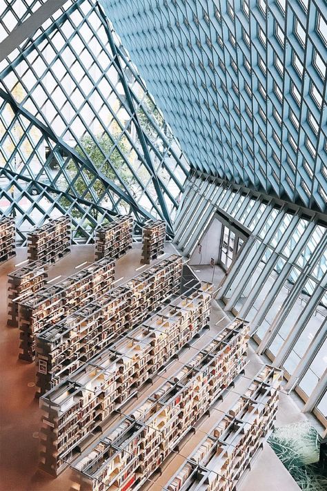 Seattle Public Library’s Central Library, Washington, United States of America Image credit: Instagram.com/dimolkova Bleacher Stairs, Famous Libraries, Seattle Library, Seattle Central Library, Seattle Public Library, Libraries Around The World, Public Library Design, George Peabody Library, St Florian