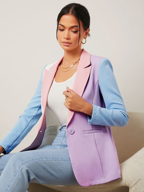 Multicolor Elegant Collar Long Sleeve Fabric Colorblock Regular Embellished Non-Stretch  Women Clothing Interview Outfit Casual, Women Blazers, Color Blocking Outfits, Corporate Outfits, Single Button Blazer, Classy Dress Outfits, Stylish Clothes For Women, Womens Blazers, Blazer Buttons