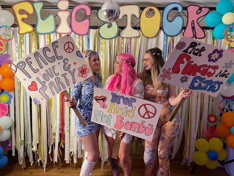 60 And 70 Theme Party, Hippies Party Ideas, Woodstock Party Theme Decoration, 60s Theme Party Decorations Diy, 60s Party Backdrop, Peace Out Party Ideas, 70s Backdrop Photo Booths, 60 Themed Birthday Party Ideas, 1960s Party Theme Ideas