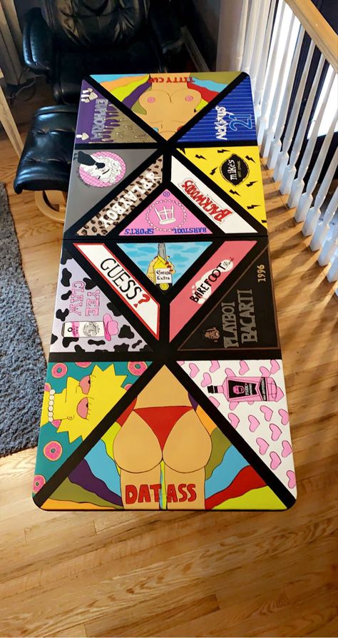 Painted beer pong table Custom Beer Pong Tables Diy, Beer Pong Painted Table, Ping Table Painted College, Funny Beer Pong Table Designs, Beer Ping Pong Table Painted, Diy Beer Pong Table Paint Ideas For Guys, Diy Pong Table Painted, Ping Table Ideas, Painted Ping Pong Table