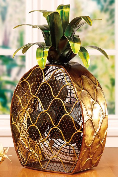 Let this charming Pineapple Shaped Decorative Figurine Fan brighten your day while it keeps you cool. With its decorative appeal, a Figurine Fan can easily become a permanent part of any desk, vanity, bedroom, kitchen, or bathroom décor. Table Fans, Pineapple Decor, Metal Figurines, Fantasy Homes, Table Fan, 인테리어 디자인, Fairy Tale, Style Guides, Accent Decor