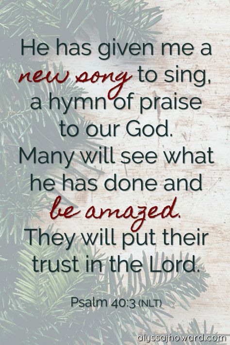 He has given me a new song to sing, a hymn of praise to our God. Many will see what he has done and be amazed. They will put their trust in the Lord. - Psalm 40:3 (NLT) Christian Love Quotes, Sabbath Quotes, Hymns Of Praise, Psalm 40, Scripture Memorization, Bible Topics, Praise Songs, Bible Reading Plan, Encouraging Scripture