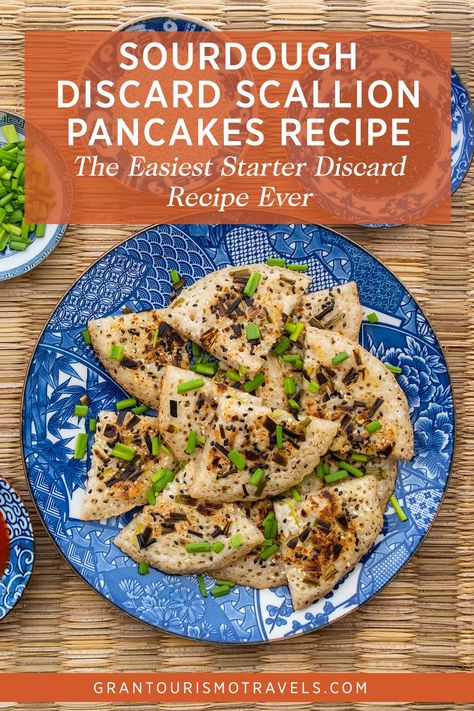 Sourdough Discard Scallion Pancakes – Easiest Sourdough Starter Discard Recipe Ever via @grantourismo Sourdough Discard Scallion Pancake, Sourdough Scallion Pancakes, Dough Starter Recipe, Scallion Pancake Recipe, Sourdough Starter Discard, Green Onion Pancake, Bread Head, Discard Recipe, Sourdough Bread Starter