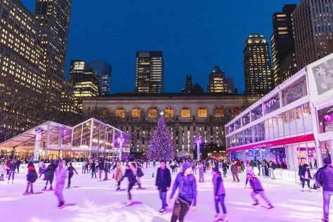 Where to Go Ice Skating in NYC - Thrillist Ice Skating Nyc, Bryant Park Winter Village, Christmas Ice Skating, November Events, Nyc In December, Bryant Park Nyc, Famous Trees, Brooklyn Brewery, Village Food