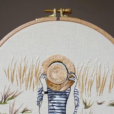 Sila Gur on Instagram: "Does a straw hat count as a mask? 😷  “Girl with a Straw Hat” 👒•••SOLD••• 👒 . . . . #embroidery #embroideryart #handmade #handembroidery #fiberart #embroidered #hoopart #needlework #contemporary #art #texture #homedecor #modern #wallart #makersgonnamake #style #blogger #girl #fashion #ootd #threadpainting #mask #strawhat #stripes #facecovering #ootd #shorts #summerlove" Free Motion Embroidery Applique, Ootd Shorts, Free Motion Embroidery, Mask Girl, Thread Painting, Art Texture, Style Blogger, Blogger Girl, Hoop Art