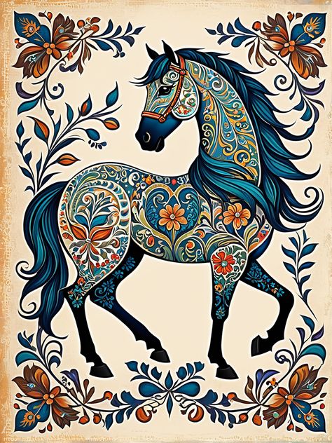 Cute Horse Illustration, Horse Art Ideas, Arte Folk, Persian Art Painting, Fantasy Creature, Horse Illustration, Scandinavian Folk Art, Horse Drawings, Turkish Art