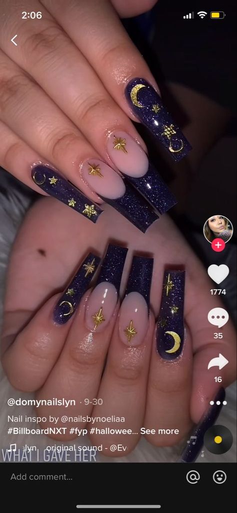 Heat Up Your Look with These May Nail Designs Dark Blue Nails With Moon And Stars, Under The Stars Nails Acrylic, Under The Stars Nail Design, Black And Gold Celestial Nails, Celestial Nails Coffin, Black Sagittarius Nails, Black Nails For Quinceanera, Moon Acrylic Nail Designs, Night Theme Nails