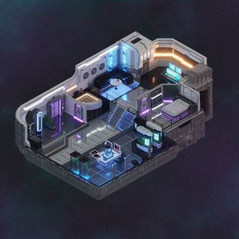 Futuristic Small House, Space House Concept Art, Alien Ship Interior, Isometric Sci Fi, Scifi Factory, Space Station Concept Art, Sci Fi House, Sci Fi Home, Scifi Spaceship