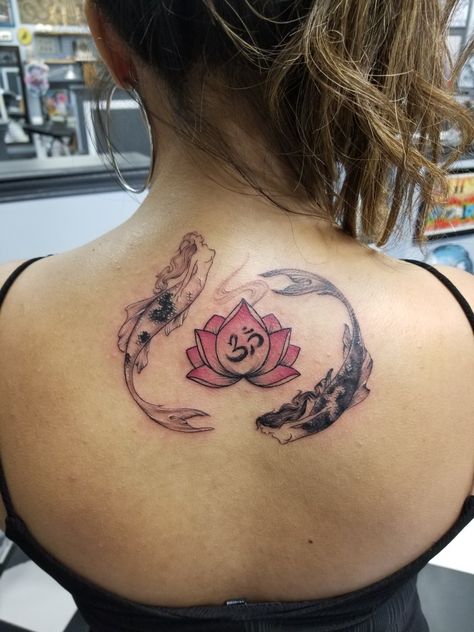 Yin yang koi mermaid lotus flower om symbol tattoo Yin Yang Tattoo Flower, Koi Fish With Lotus Tattoo, Coi Fish And Lotus Flower Tattoo, Ying Yang Mermaid Tattoo, Yin Yang Koi Fish Tattoo Avatar, Mermaid Yin Yang Tattoo, Yin Yang Lotus, Koi Fish Mermaid Tattoo, Om Symbol Tattoo