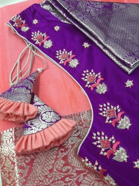 #peachnpurple #pearlslove #handmadetassels #phrilltassels #dresses #blouse Tassels For Pattu Saree, Purple Pattu Blouse Designs, Back Neck Work Designs For Blouses, Glass Work Blouse Design, Pattu Saree Blouse Work Designs, Pearl Maggam Work Blouse Designs, Worked Blouse Design, Puff Hands Blouse Designs For Pattu Sarees, Silver Work Blouse Designs For Pattu Sarees