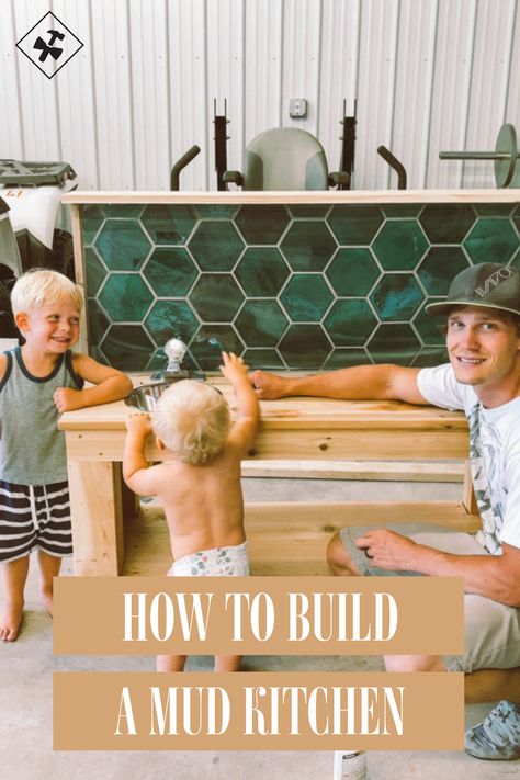 Playhouse With Mud Kitchen, Montessori Mud Kitchen, How To Build A Mud Kitchen, Mud Kitchen Diy How To Build, Diy Mud Kitchen With Running Water, Ikea Mud Kitchen, Mud Kitchen For Kids Diy, Kids Playground Ideas, Mud Kitchen With Water