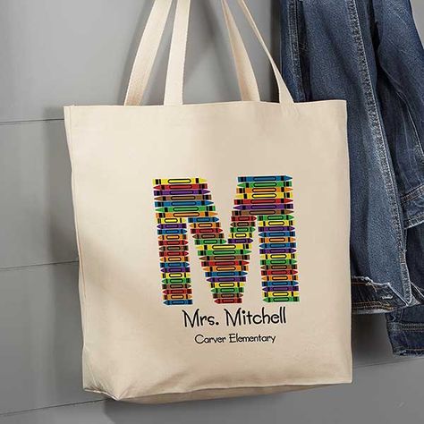 Crayon Letter Personalized Large Teacher Canvas Tote Bag Teacher Bags Tote, Diy Teacher Christmas Gifts, Crayon Letter, Teacher Canvas, Pta Ideas, Teacher Gift Baskets, Funny Teacher Gifts, Diy Shirts, Preschool Gifts