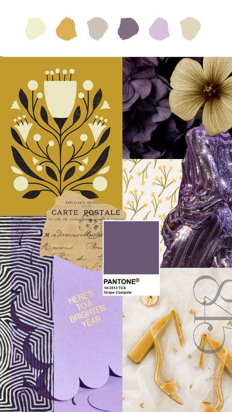 Color inspiration No. 4 #colorpalette #colorlove #colorinspo #colorinspiration #pacecreative #branddesigner #collage #moodboard #purple #mustard #colourcollage #yellow Purple And Yellow Graphic Design, Yellow Gold Color Palette, Mustard Yellow Palette, Purple Yellow Color Palette, Yellow And Purple Aesthetic, Purple Yellow Aesthetic, Purple And Yellow Color Palette, Purple And Gold Color Palette, Purple And Yellow Bedroom