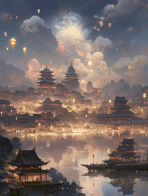 Ancient Chinese City Fantasy Art, Ancient City Concept Art, Ancient Korea, City Ideas, Ancient Chinese Architecture, Alternate Reality, Mystical Places, Ancient Chinese Art, Asian Architecture