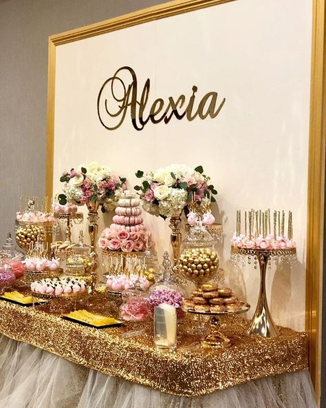 Candy Dessert Table for #quinceañera by @bizziebeecreations Gold Name by @wolfelaserengraving and Macaroons by @leparadismacaron and… Porsha Wedding, Dessert Centerpiece, Candy Dessert Table, Gold Dessert Table, Diy Dessert Table, Wedding Candy Table, Rose Gold Quinceanera, Royal Theme, Quinceanera Planning