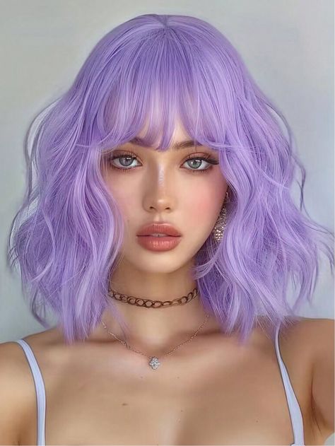 14 Inch Purple Wavy Synthetic Wig With Bangs Short Bob Purple Wigs Curly Wavy Shoulder Length Cosplay Wig Daily Colorful WigI discovered amazing products on SHEIN.com, come check them out! Purple Wigs, Pastel Purple Hair, Colorful Wig, Wigs Curly, Purple Wig, Bangs Short, Wig With Bangs, Pastel Purple, Synthetic Wig