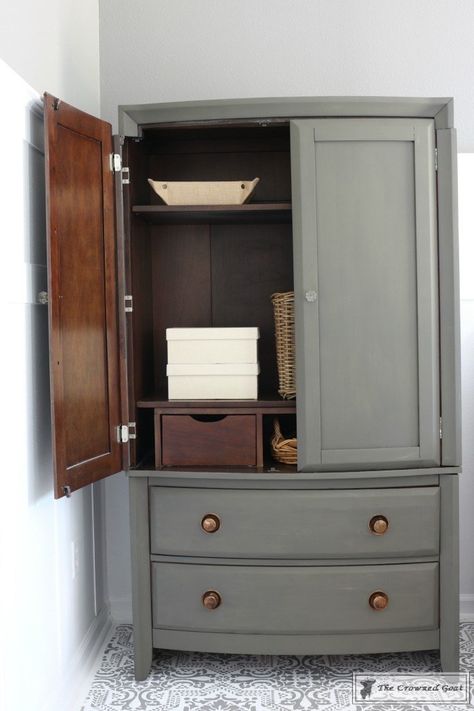 Redone Wardrobe Furniture, Guest Room Armoire, Modern Farmhouse Armoire, Diy Tv Armoire, Armoire Diy Makeover, Tv Amoire Ideas, Armoir Makeover Diy, Wardrobe Refurbish, Wardrobe Furniture Flip