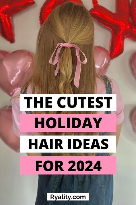 these are such cute holiday hairstyles! Easy Ribbon Hairstyles, Cute Hairstyles For College, Hairstyles For University, Holiday Hairstyles For Medium Hair, College Hairstyles Easy, Hairstyles For College Students, Cute Holiday Hairstyles, Holiday Season Aesthetic, Hairstyles For College